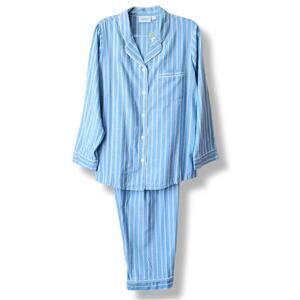 Women Classic Blue Stripe Cotton Flannel Pajamas Set L Preppy Cozy Lounge Retro